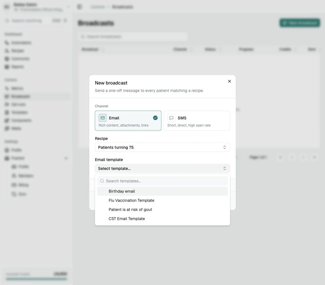 The Email template selector open inside the New broadcast dialog, showing available Email Templates including Birthday email.