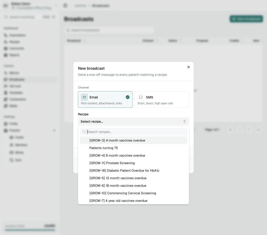 The Recipe selector open inside the New broadcast dialog, showing available saved Recipes.