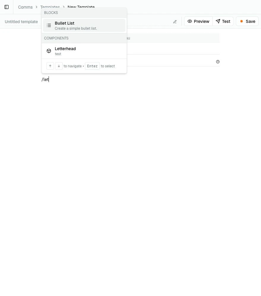 The Email Template slash menu filtered to show the Components section with the Letterhead Component available.