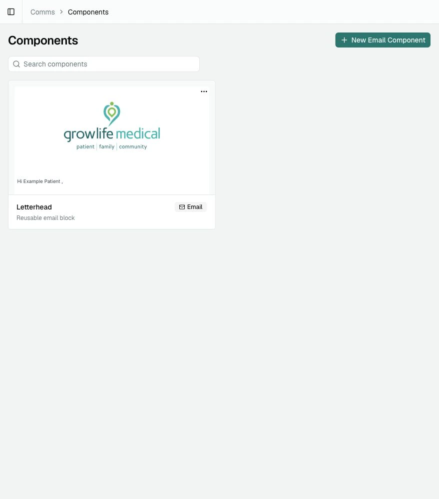 The Components page showing the New Email Component button, search field, and a Letterhead Email Component card.