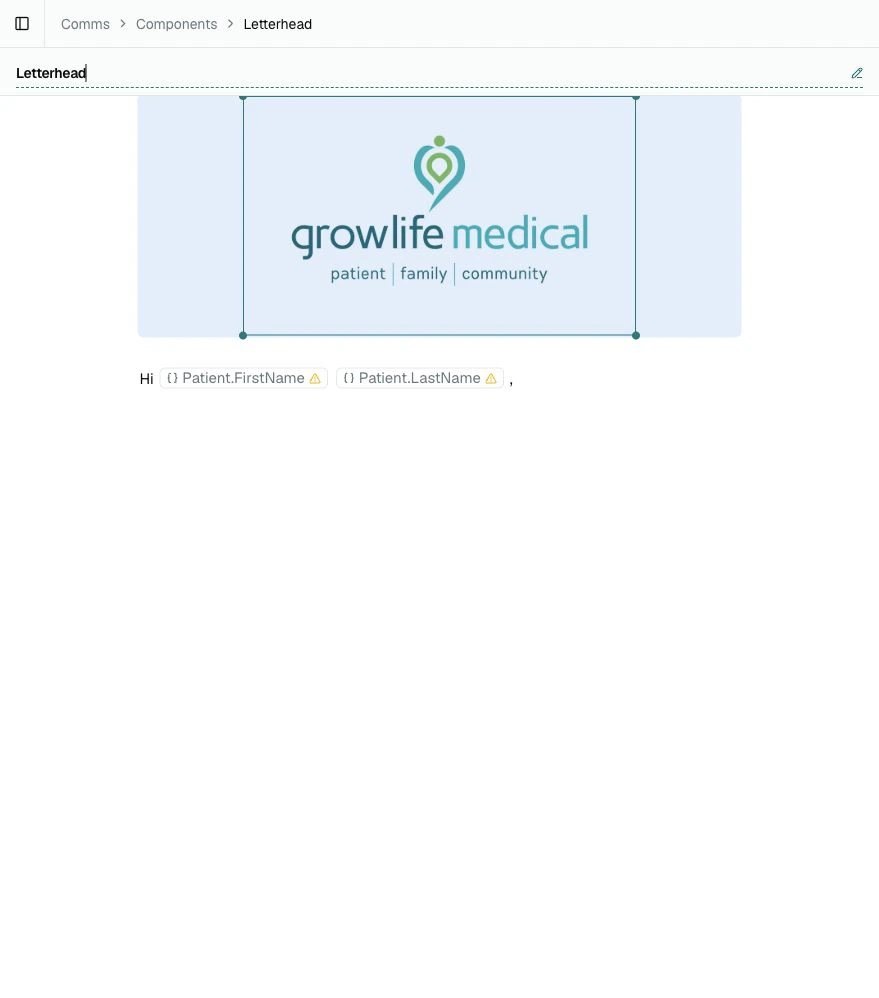 The Letterhead Component editor showing a Practice Logo and a greeting with Patient.FirstName and Patient.LastName Template Variables.