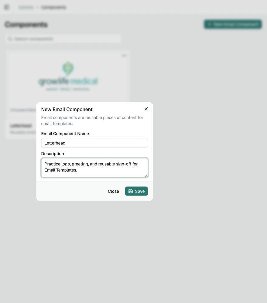The New Email Component dialog with Letterhead entered as the Component name and a short description.