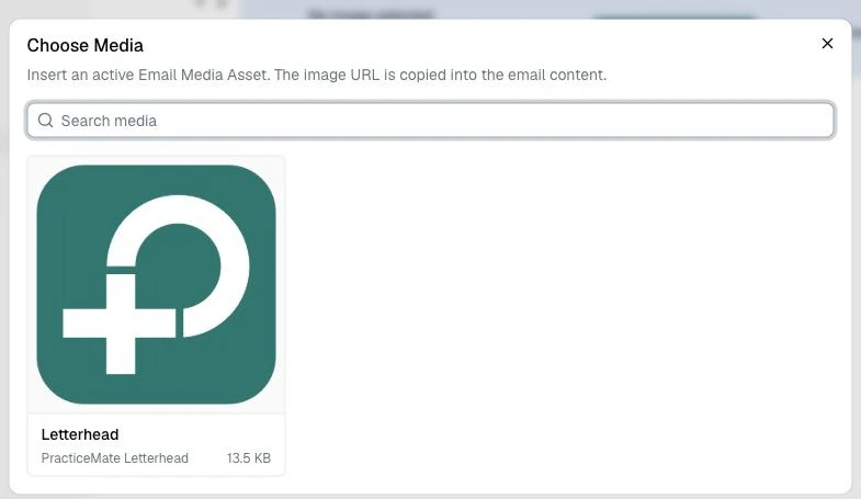 The Choose Media dialog showing the active Letterhead image and a search field.