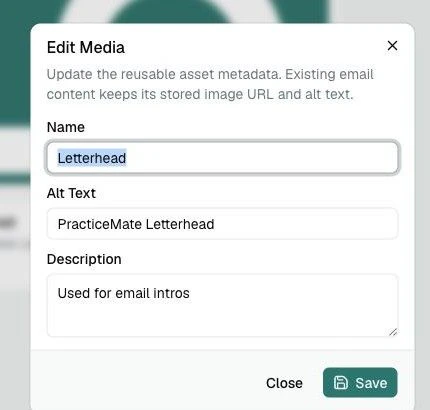 The Edit Media dialog showing fields for Name, Alt Text, and Description for the Letterhead asset.