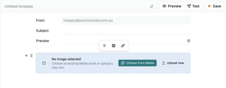 An empty image block in the Email Template editor with Choose from Media and Upload new buttons.