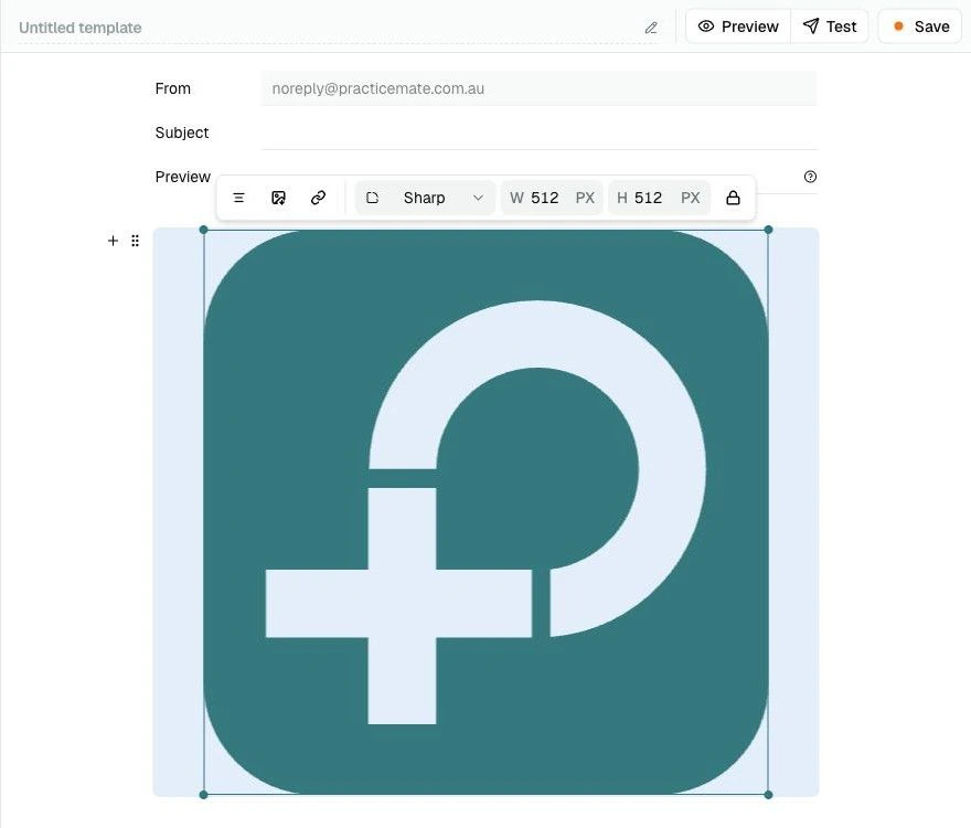 The Email Template editor showing the Letterhead image inserted into the Email body.
