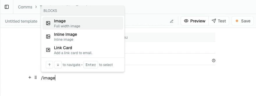 The Email Template slash command menu showing Image as a full width image option.