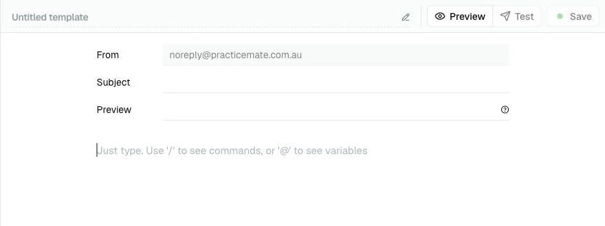 A new Email Template editor with fields for title, subject, preview text, and the blank body area.