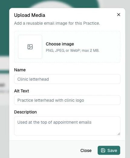 The Upload Media dialog with a Choose image area and fields for Name, Alt Text, and Description.