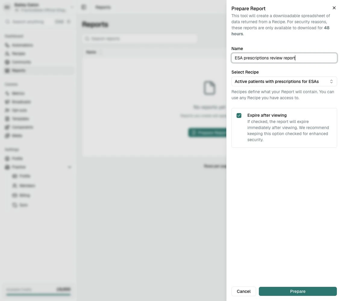 The Prepare Report panel completed with a Report name, selected Recipe, and Expire after viewing selected.
