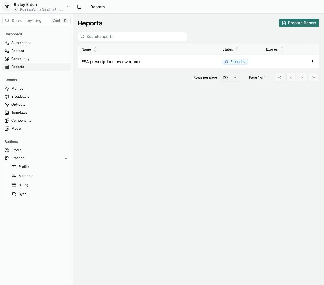 The Reports table showing a newly prepared Report with a Preparing status.