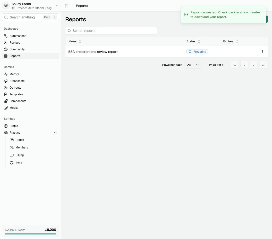 The Reports table showing ESA prescriptions review report with a Preparing status and a success notification.