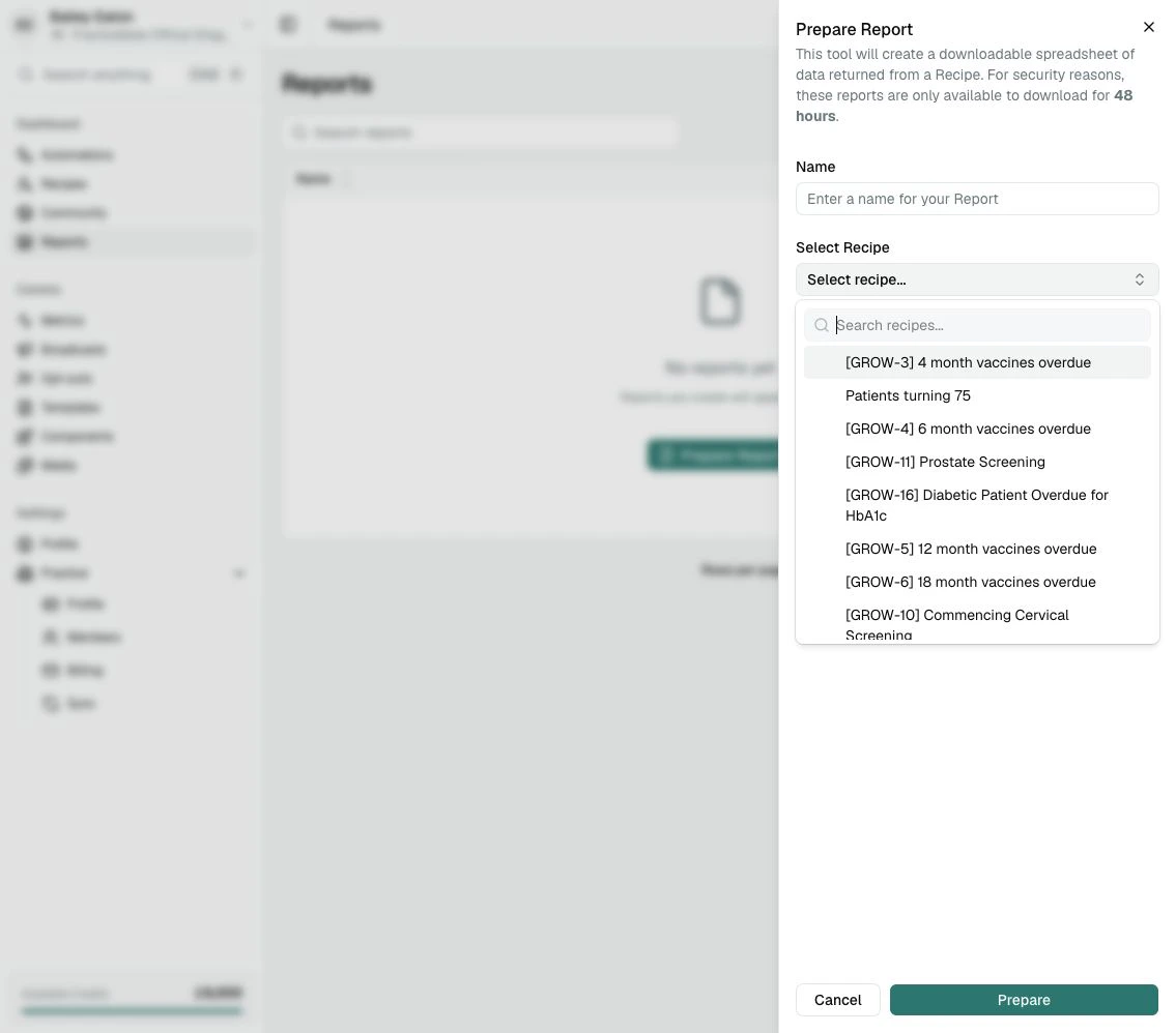 The Select Recipe menu open inside the Prepare Report panel, showing searchable Recipe options.