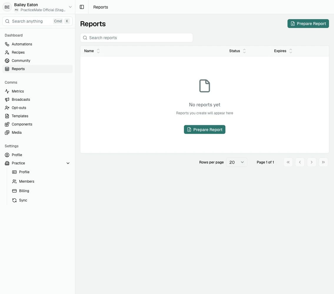 The Reports page showing the Prepare Report button, search field, and an empty Reports table.