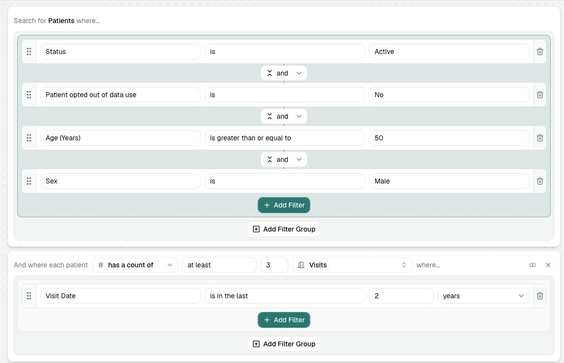 The Recipe Builder showing patient filters plus a Visits ingredient with a count of at least 3 and Visit Date is in the last 2 years.