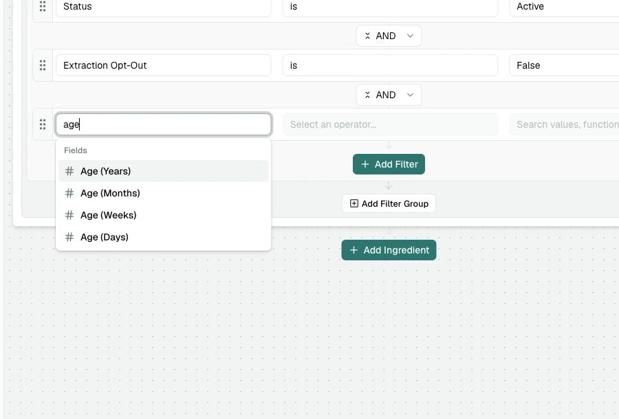The field chooser filtered to age fields, with Age (Years) selected.