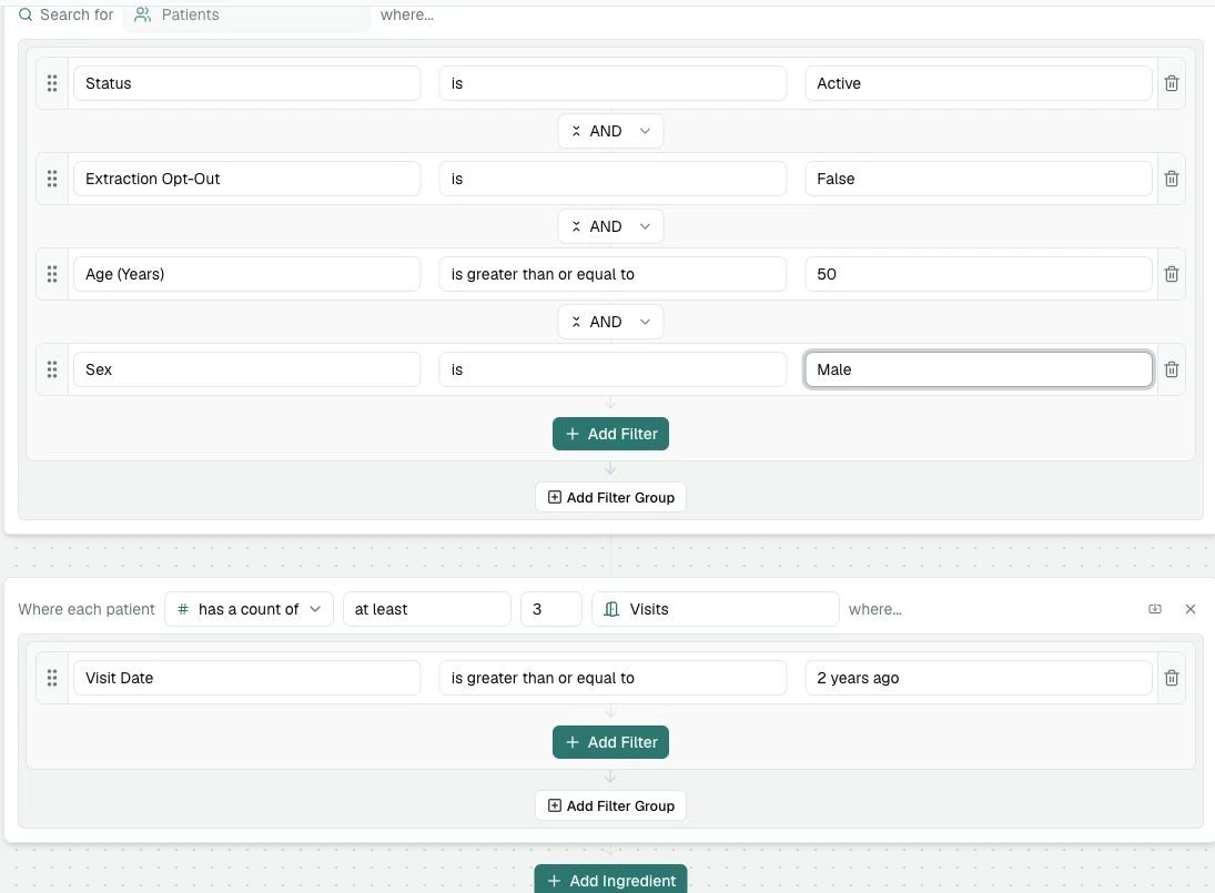 The Recipe Builder showing patient filters plus a Visits ingredient with a count of at least 3 and Visit Date set to 2 years ago.