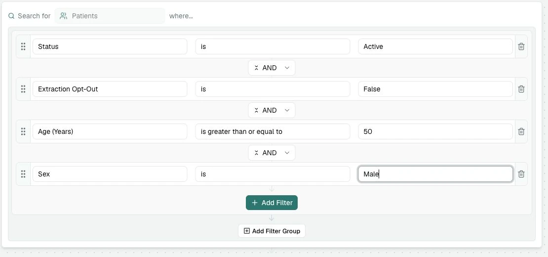 The first Recipe completed with the default patient filters, Age (Years) is greater than or equal to 50, and Sex is Male.