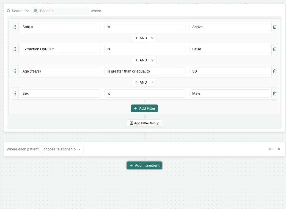 A new ingredient card below the patient filters, starting with 'Where each patient' and a relationship chooser.