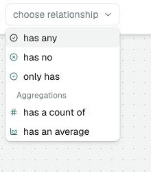 The ingredient relationship menu showing has any, has no, only has, has a count of, and has an average.