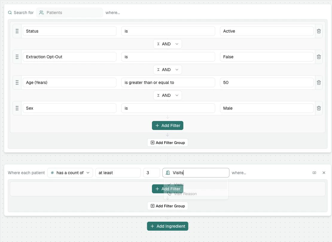 The Visits ingredient showing has a count of at least 3 Visits, before the Visit Date filter is added.