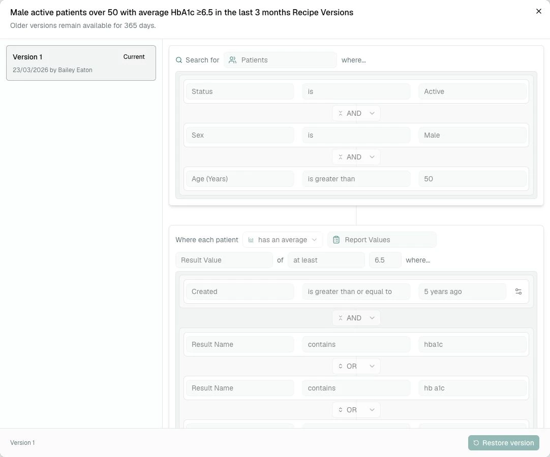The Recipe Versions timeline showing the current version, read-only Recipe preview, and Restore version button.