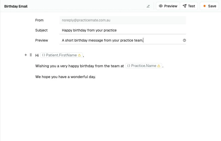 The Email Template editor showing a birthday Email body with Patient.FirstName and Practice.Name Template Variables inserted.