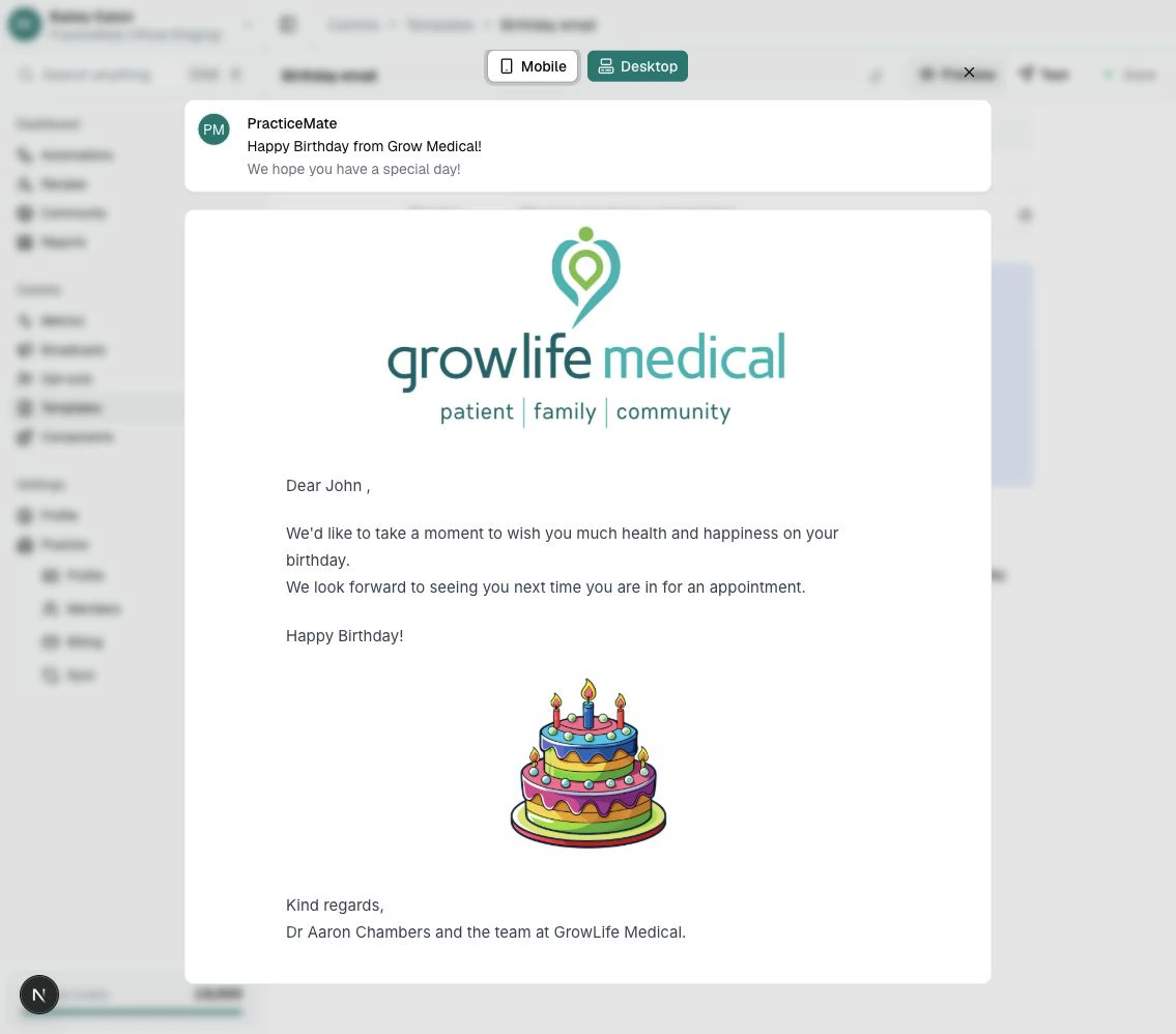 The Email Preview dialog showing Mobile and Desktop options, the inbox-style subject and preview text, and the rendered Email body.