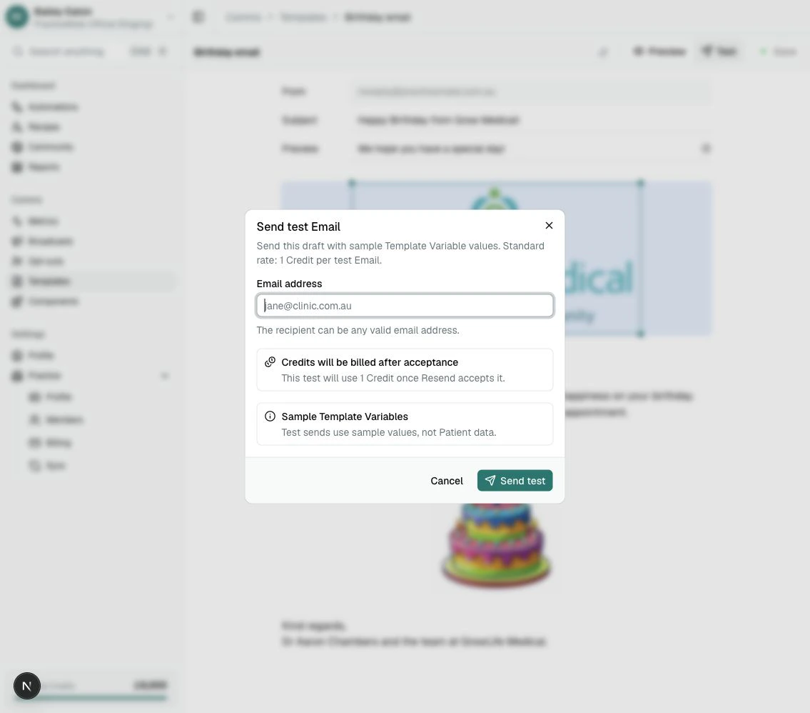 The Send test Email dialog showing the Email address field, Credit notice, sample Template Variable notice, Cancel button, and Send test button.