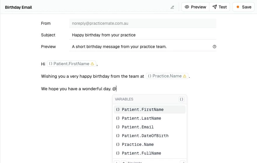 The Template Variable menu showing Patient.FirstName, Patient.LastName, Patient.Email, Patient.DateOfBirth, Practice.Name, and Patient.FullName.
