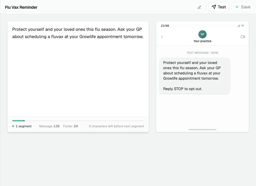The Flu Vax Reminder SMS Template open in the SMS Template editor, with the message composer, segment counter, and phone preview.