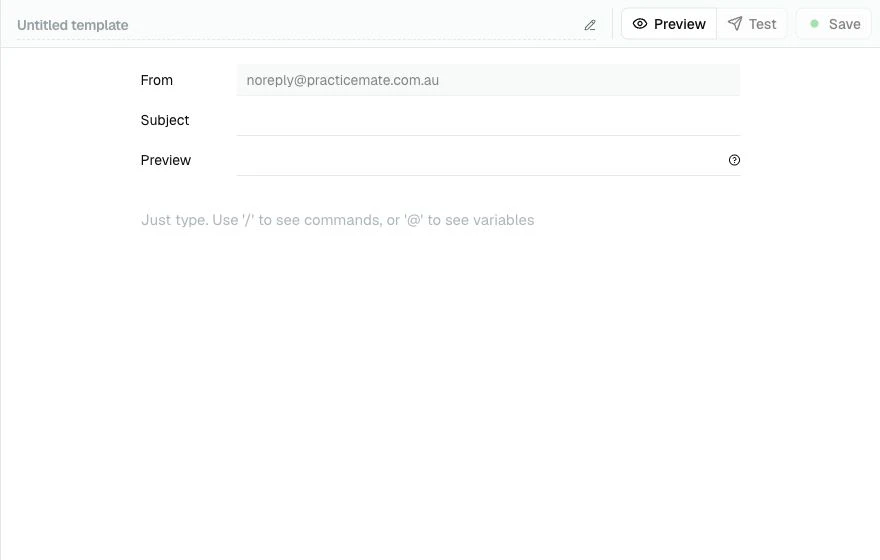 A blank new Email Template editor showing the Template title, From address, Subject, Preview, body area, Preview, Test, and Save buttons.