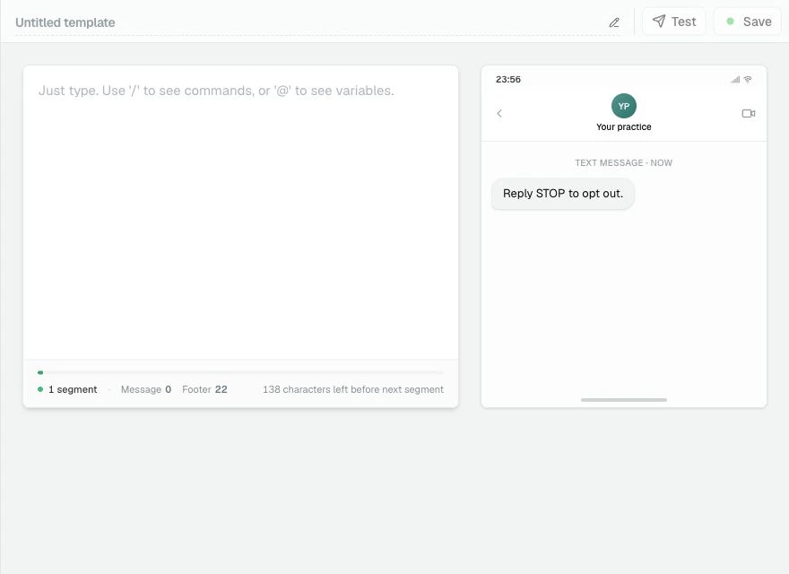 A blank new SMS Template editor showing the Template title, SMS message composer, segment counter, live phone preview, Test, and Save buttons.