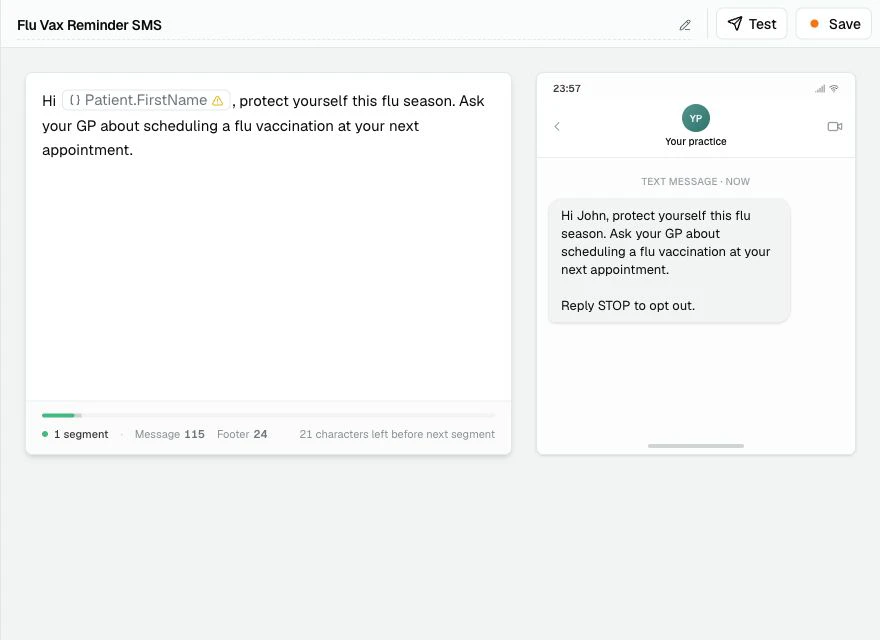 The SMS Template editor showing a flu vaccination reminder with Patient.FirstName, the segment counter, message length, footer length, and live phone preview.