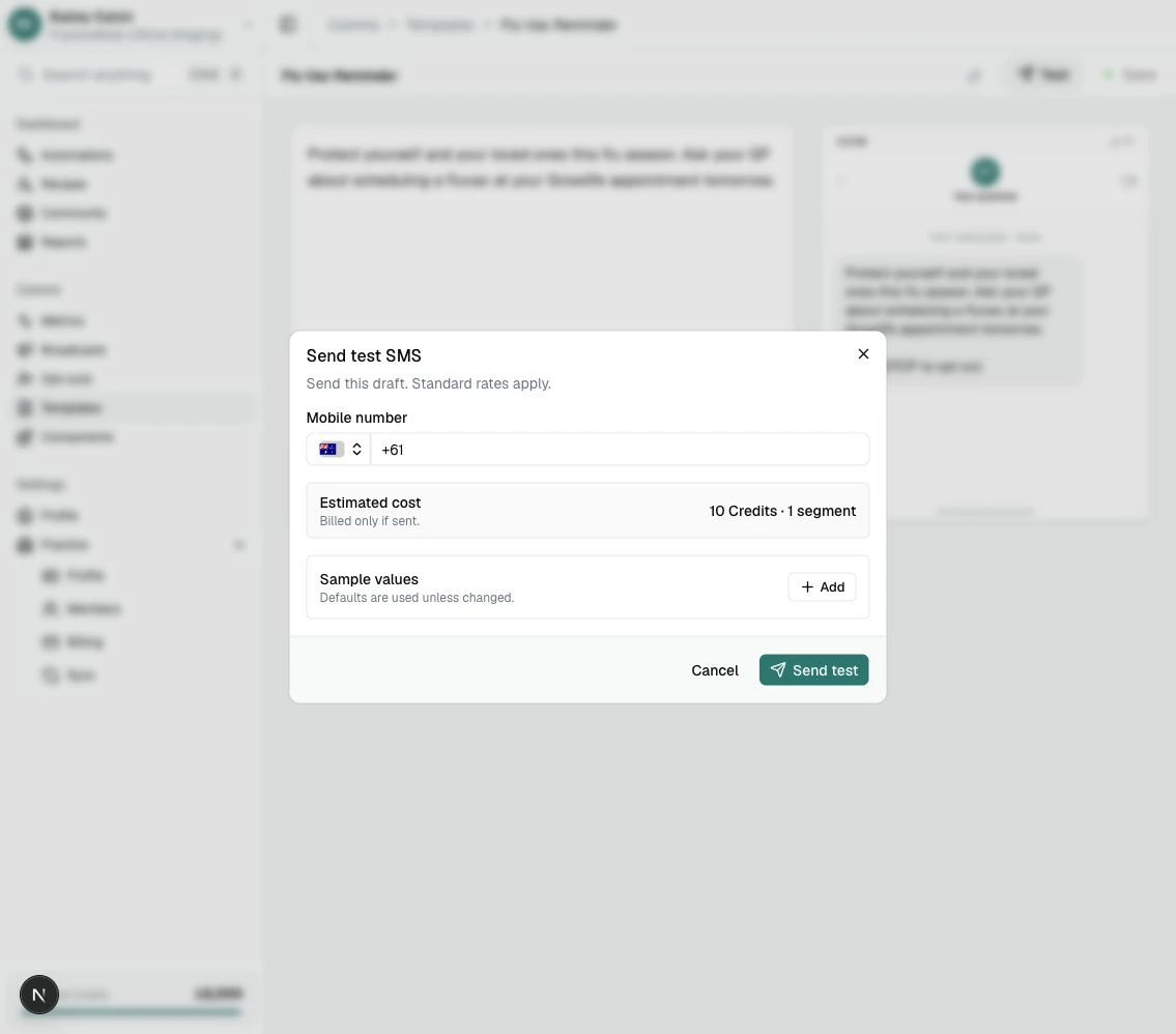 The Send test SMS dialog showing the mobile number field, Credit and segment summary, Cancel button, and Send test button.