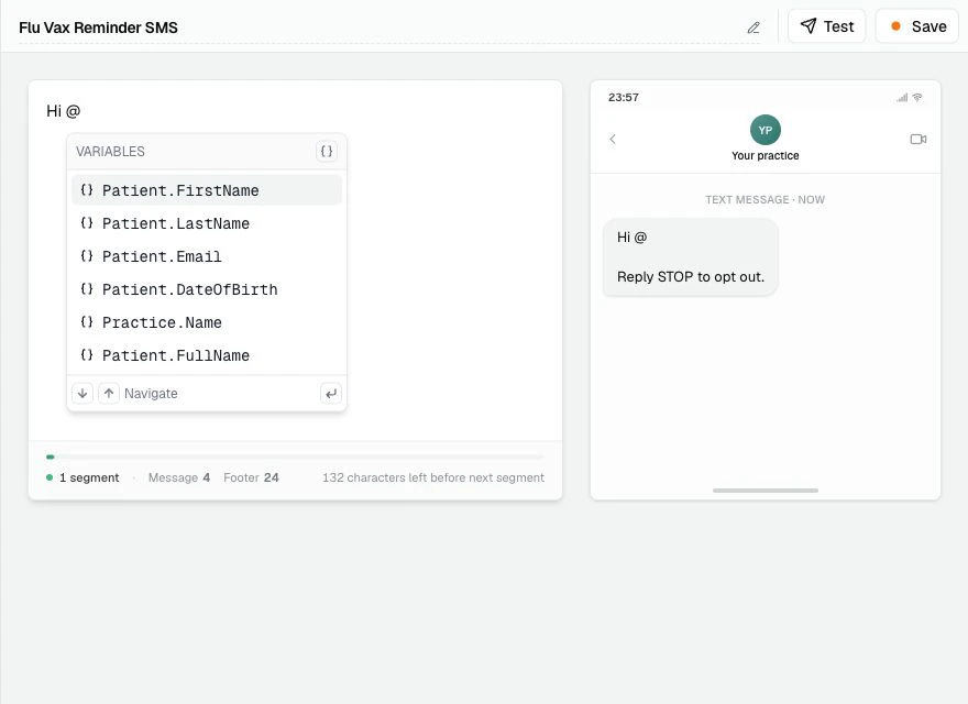 The SMS Template editor with the Template Variable menu open, showing Patient.FirstName and other available variables.
