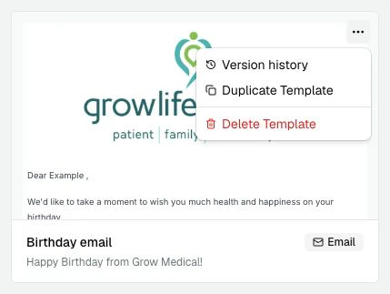 The Templates page with a Template card action menu open and Version history available.