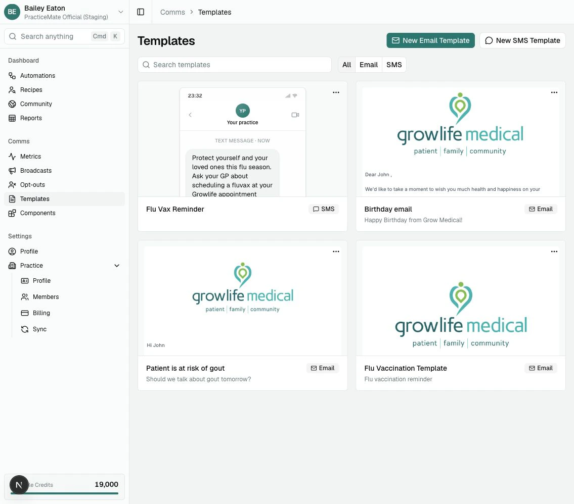 The Templates page showing New Email Template and New SMS Template buttons, filters, and existing Email and SMS Templates.