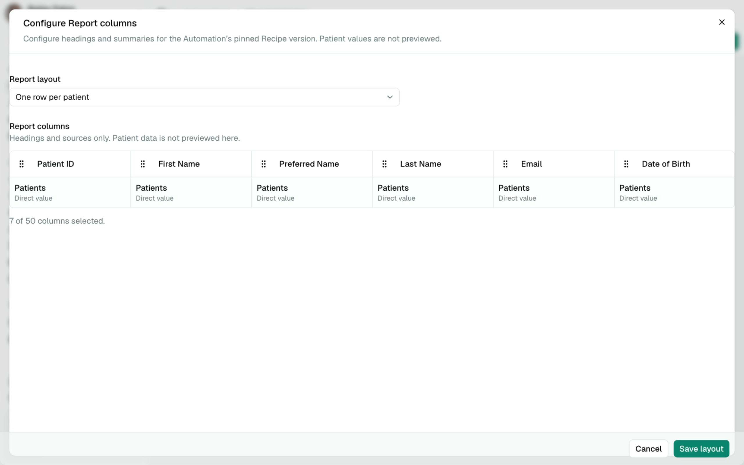 The full-screen Configure Report columns dialog showing the row type control and metadata-only column table.
