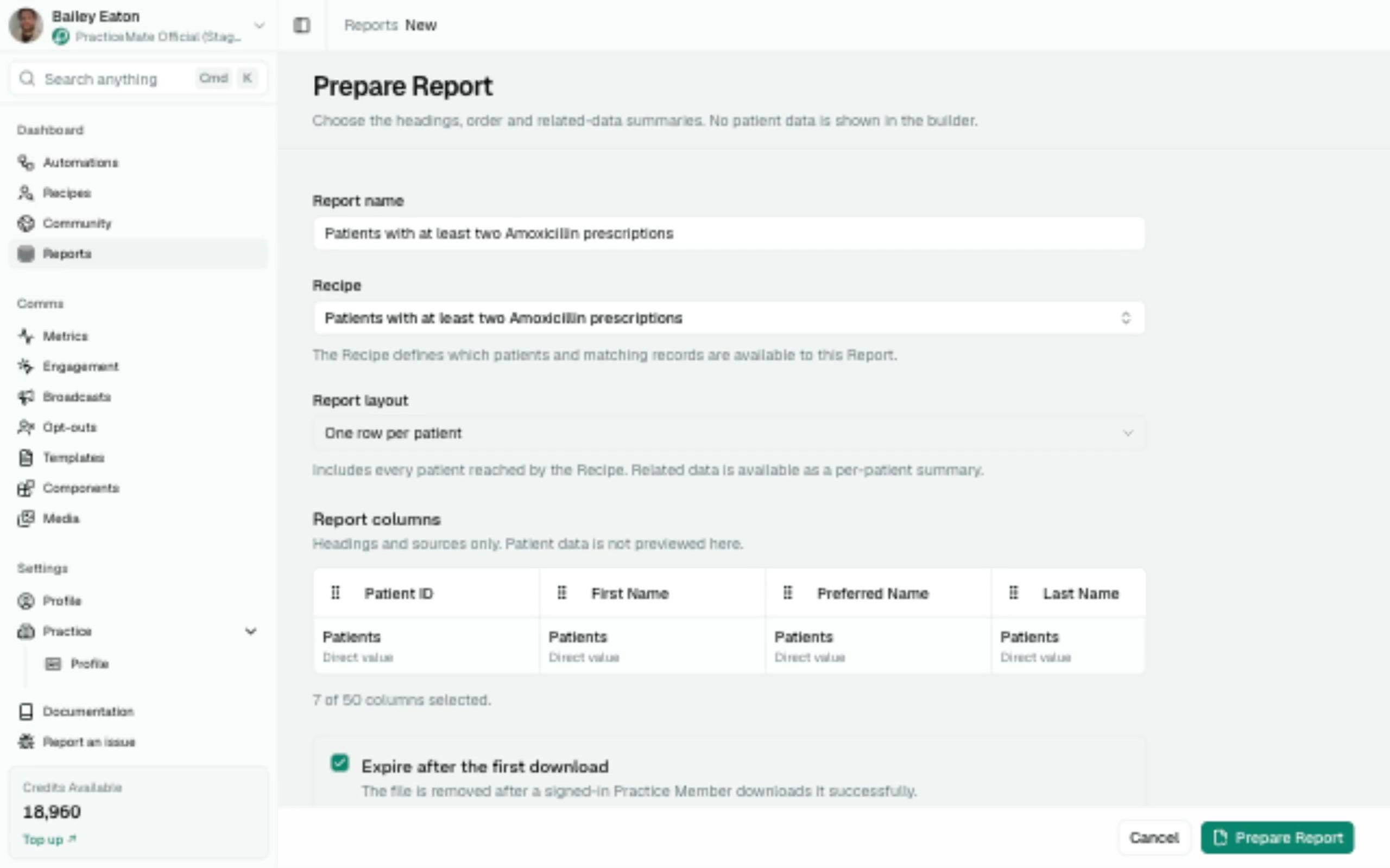 The full-page Report Builder showing Report name, Recipe, row type, configured columns and the Prepare Report action.
