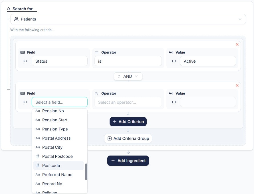 Selecting the postcode field