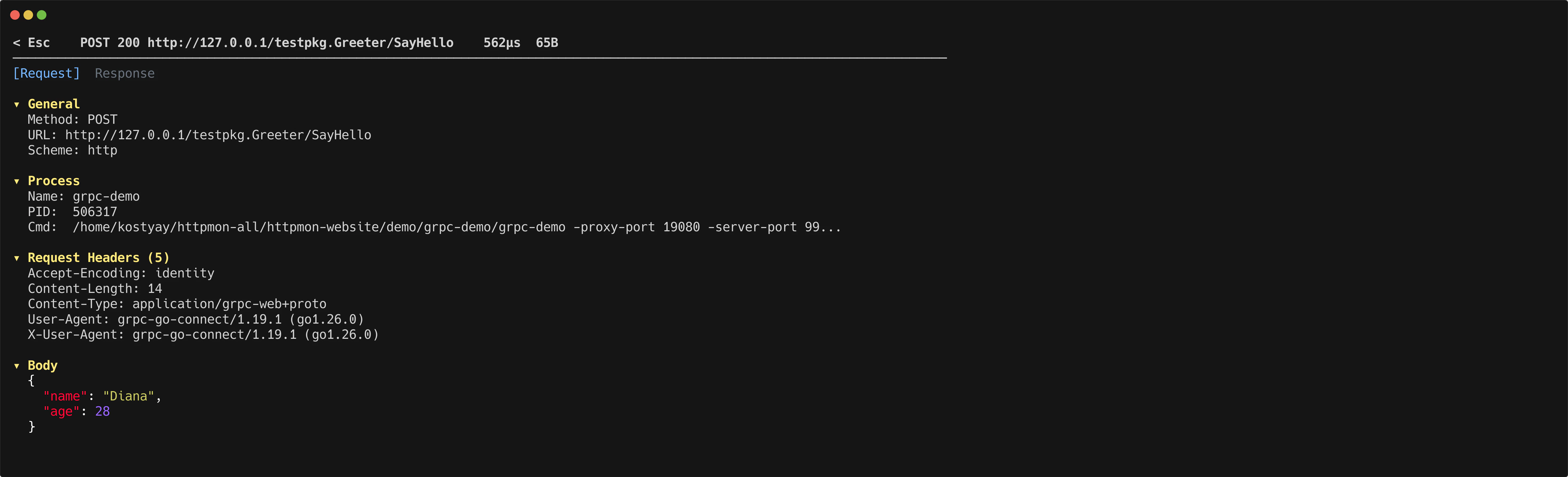 httpmon gRPC-Web decoded body