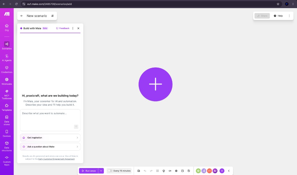 Empty Make scenario canvas with purple plus button to add a module