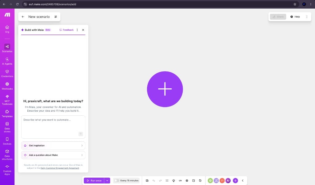 Empty Make scenario canvas with purple plus button to add a module