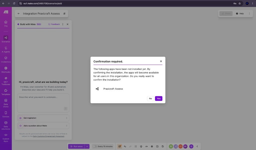 Make confirmation dialog to install Praxicraft Assess for all users in the organisation