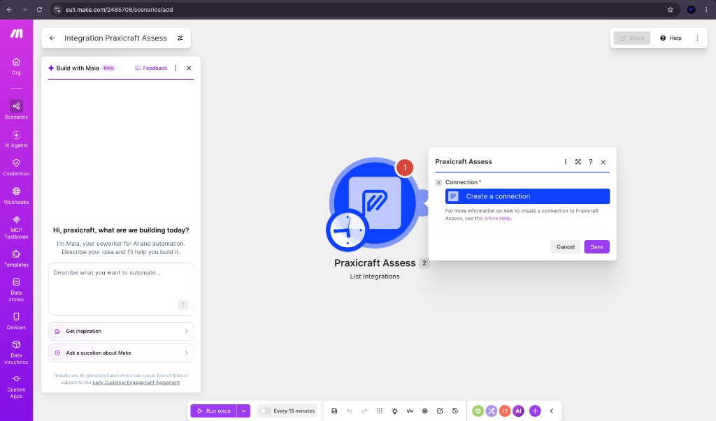 Praxicraft Assess List Integrations module with Create a connection button