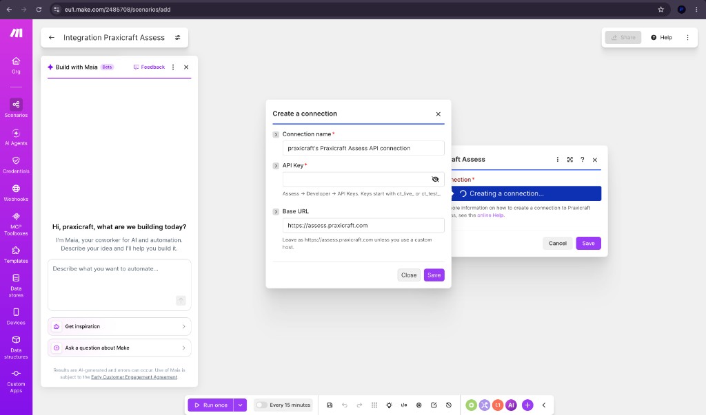 Make Create a connection dialog with API Key and Base URL for Praxicraft Assess
