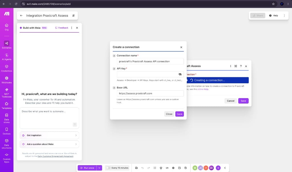 Make Create a connection dialog with API Key and Base URL for Praxicraft Assess