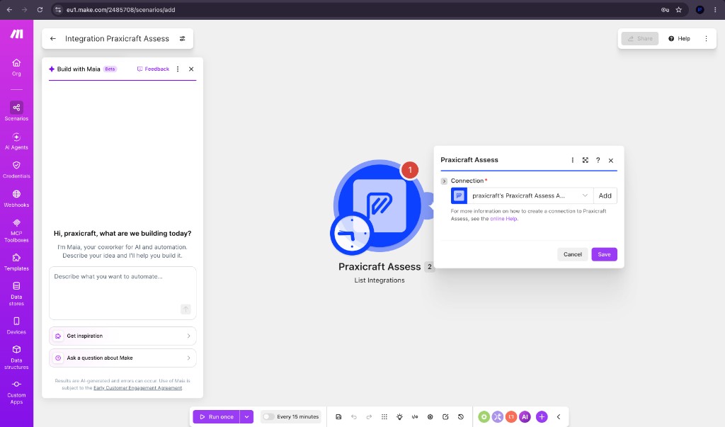 Praxicraft Assess module with an existing organisation connection selected