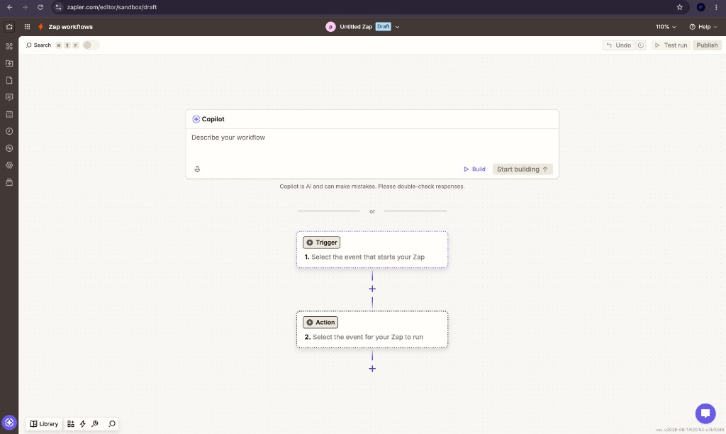 Empty Zapier editor with Copilot and a Trigger step labeled Select the event that starts your Zap